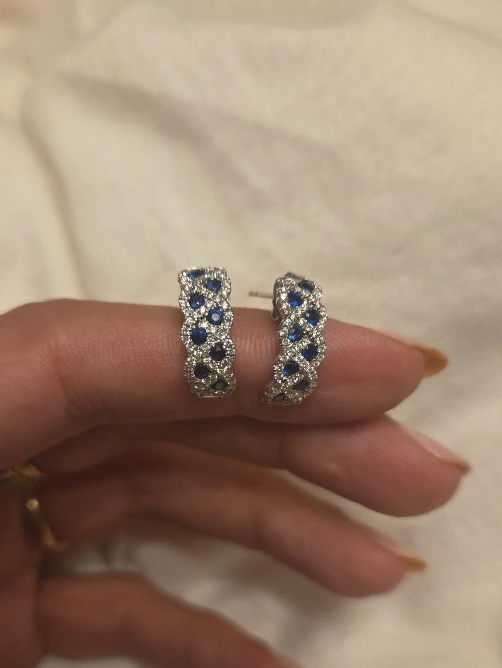 Solid 14k White Gold With Genuine Natural Diamonds And Natural Sapphire Earrings